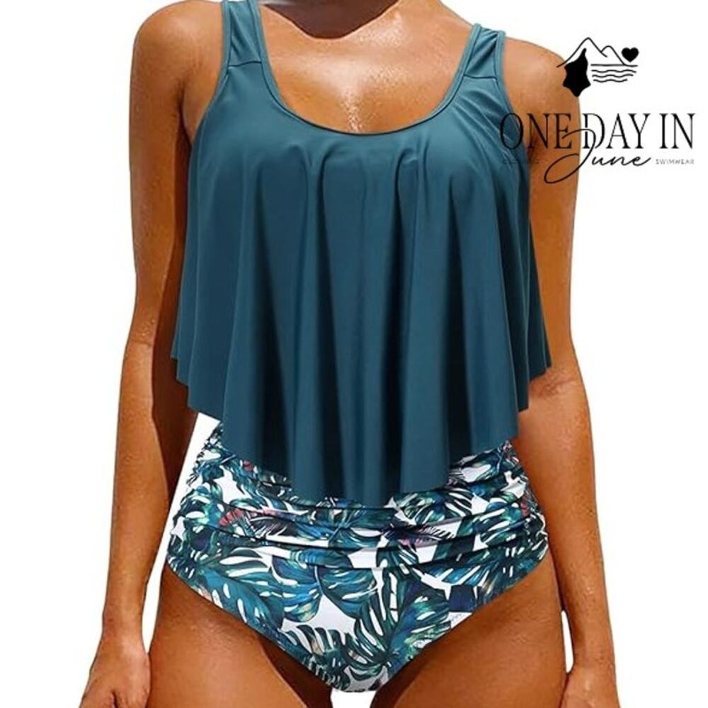 Adisputent Flounce Tankini High Waist Tropical Bikini Swimsuit Teal NWT Size XL